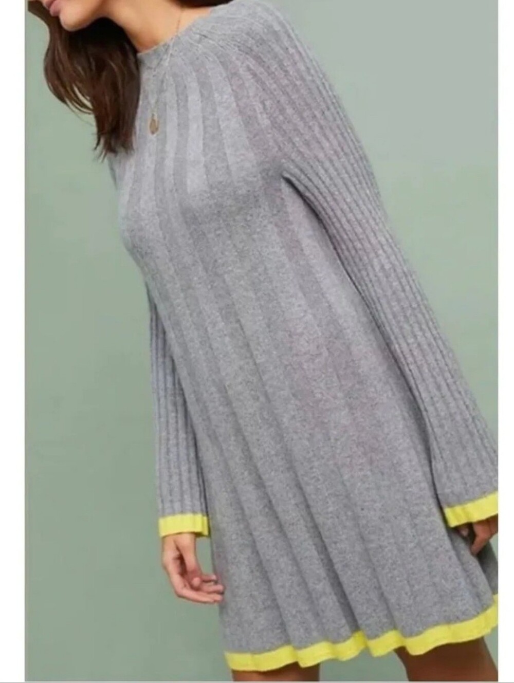 Anthropologie Arseneau Ribbed Sweater Dress Grey Yellow High Neck Wool Alpaca S